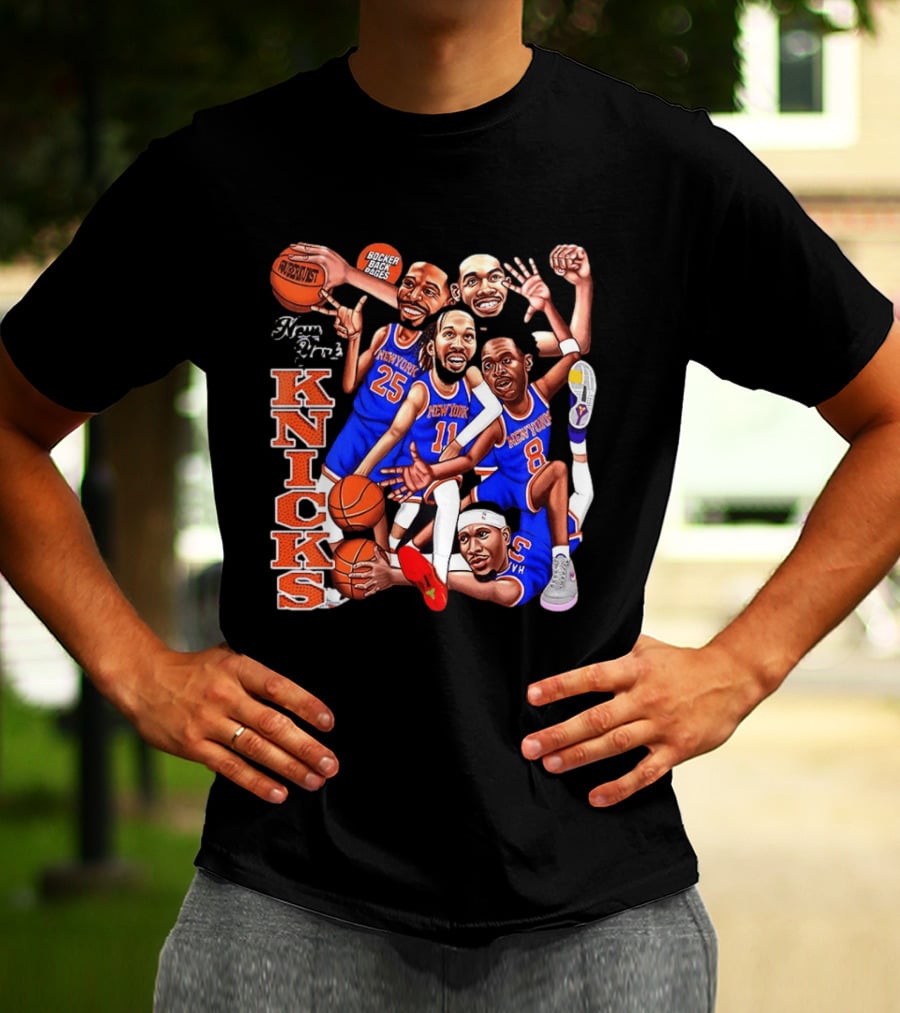 New York Knicks Starting Five 2026 Caricature Dunk Basketball Hoops T-Shirt