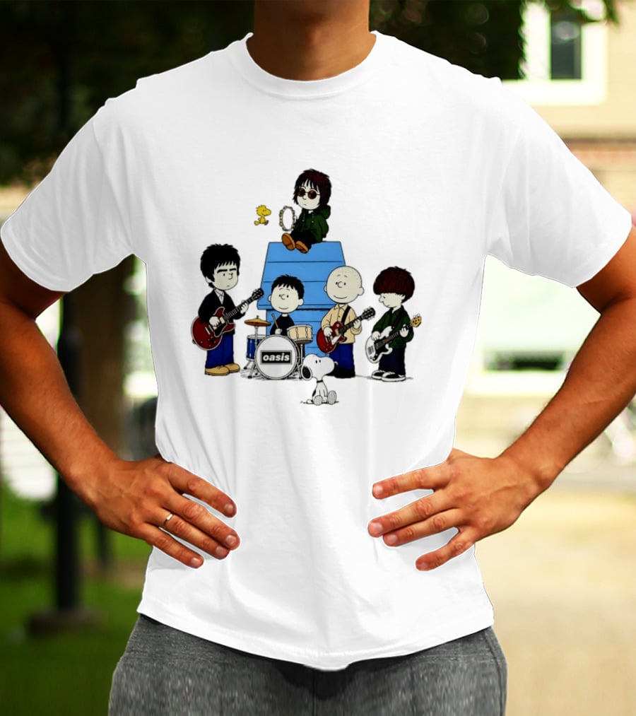 Snoopy Peanuts Oasis Band Cartoon Woodstock Drums Guitars T-Shirt