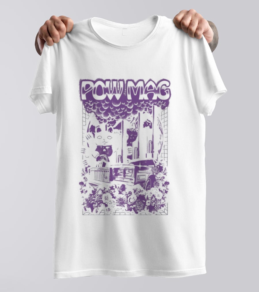 Powell Mag Cat Skateboarding Graphic With Floral Accents T-Shirt