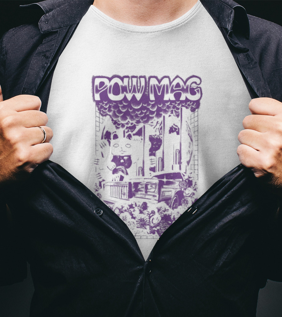 Powell Mag Cat Skateboarding Graphic With Floral Accents T-Shirt