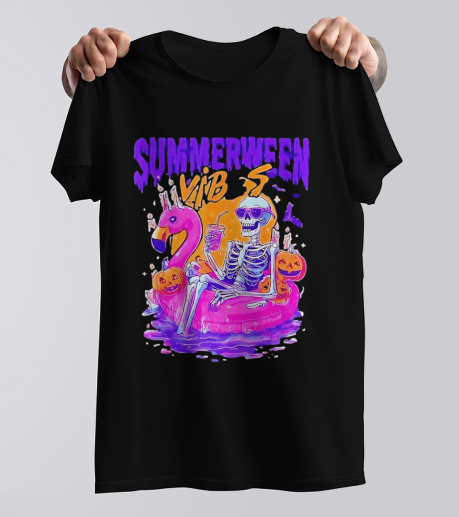 Summerween Vibes Skeleton On Flamingo With Pumpkins T-Shirt