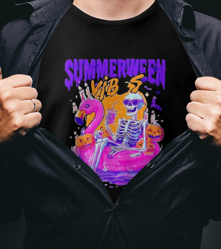 Summerween Vibes Skeleton On Flamingo With Pumpkins T-Shirt