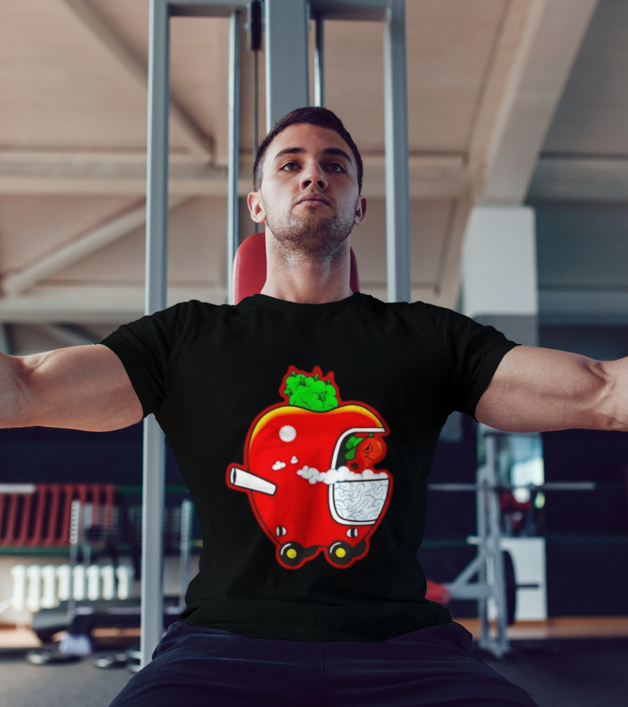 Smokey Worm Apple Cartoon Red Apple With Smoke And Wheels T-Shirt