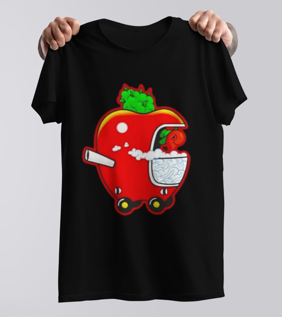 Smokey Worm Apple Cartoon Red Apple With Smoke And Wheels T-Shirt