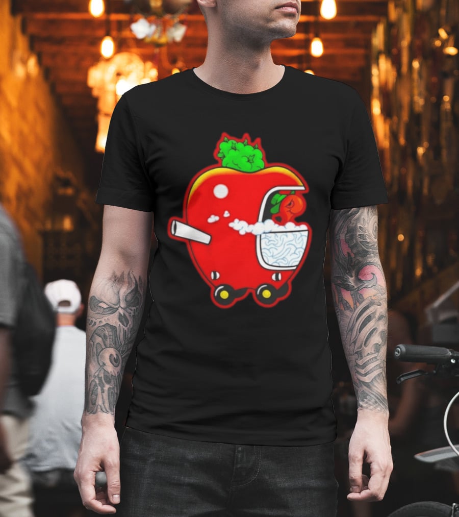 Smokey Worm Apple Cartoon Red Apple With Smoke And Wheels T-Shirt