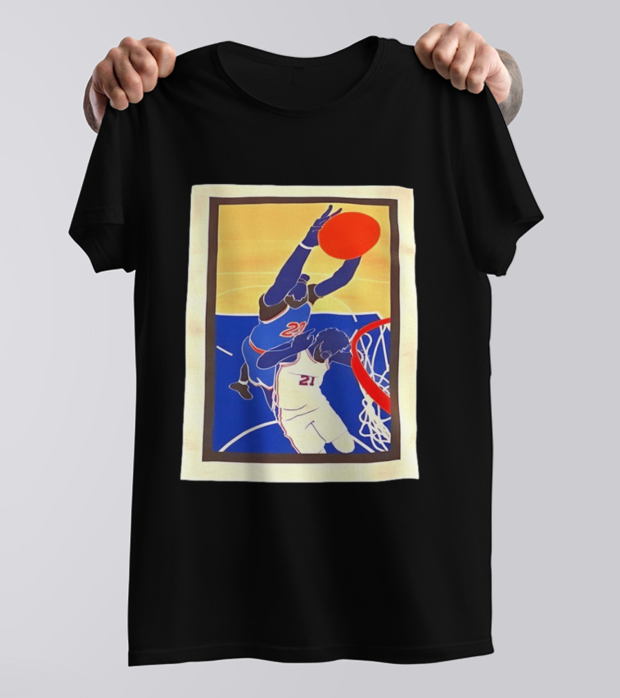 Mitchell Robinson 23 Dunking Joel Embiid 21 New York Knicks Basketball NBA 2026 T-Shirt