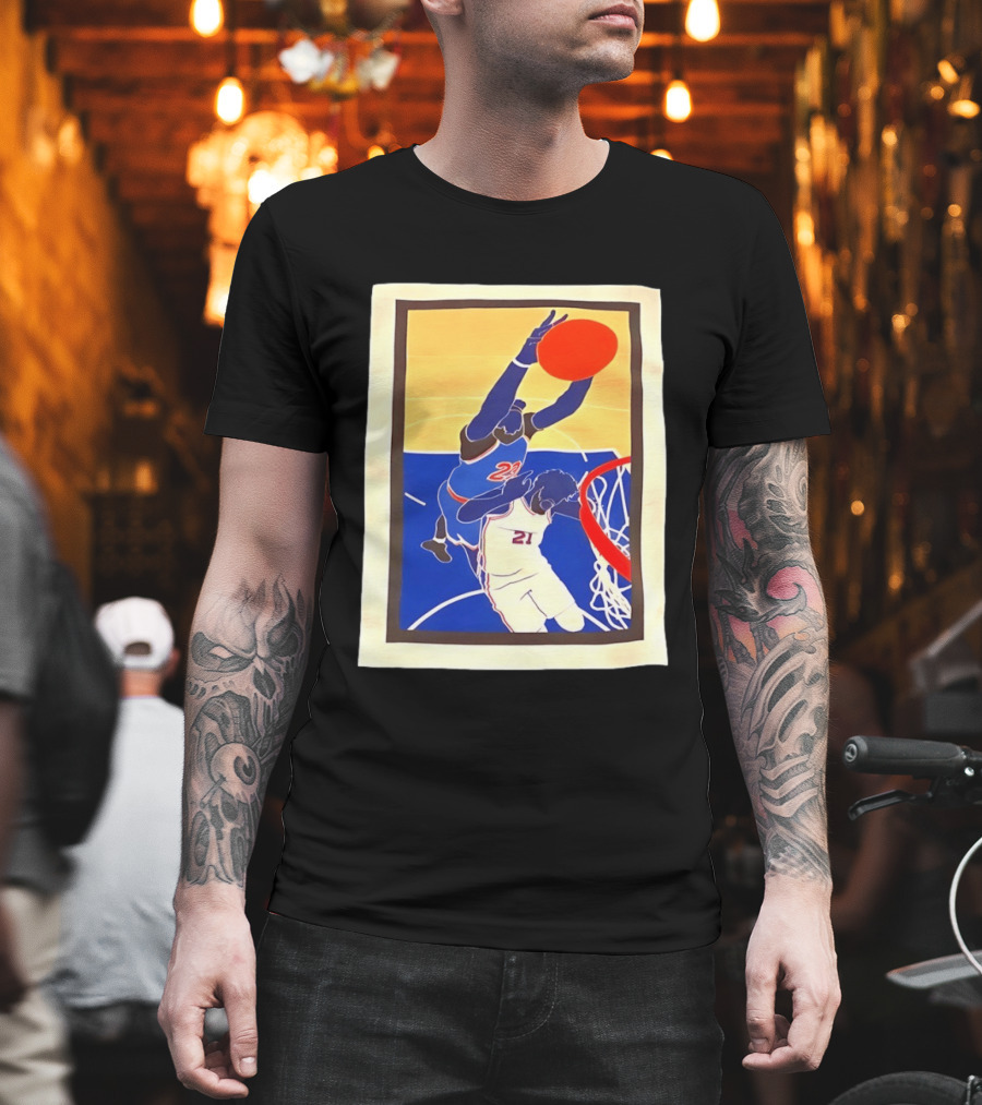 Mitchell Robinson 23 Dunking Joel Embiid 21 New York Knicks Basketball NBA 2026 T-Shirt