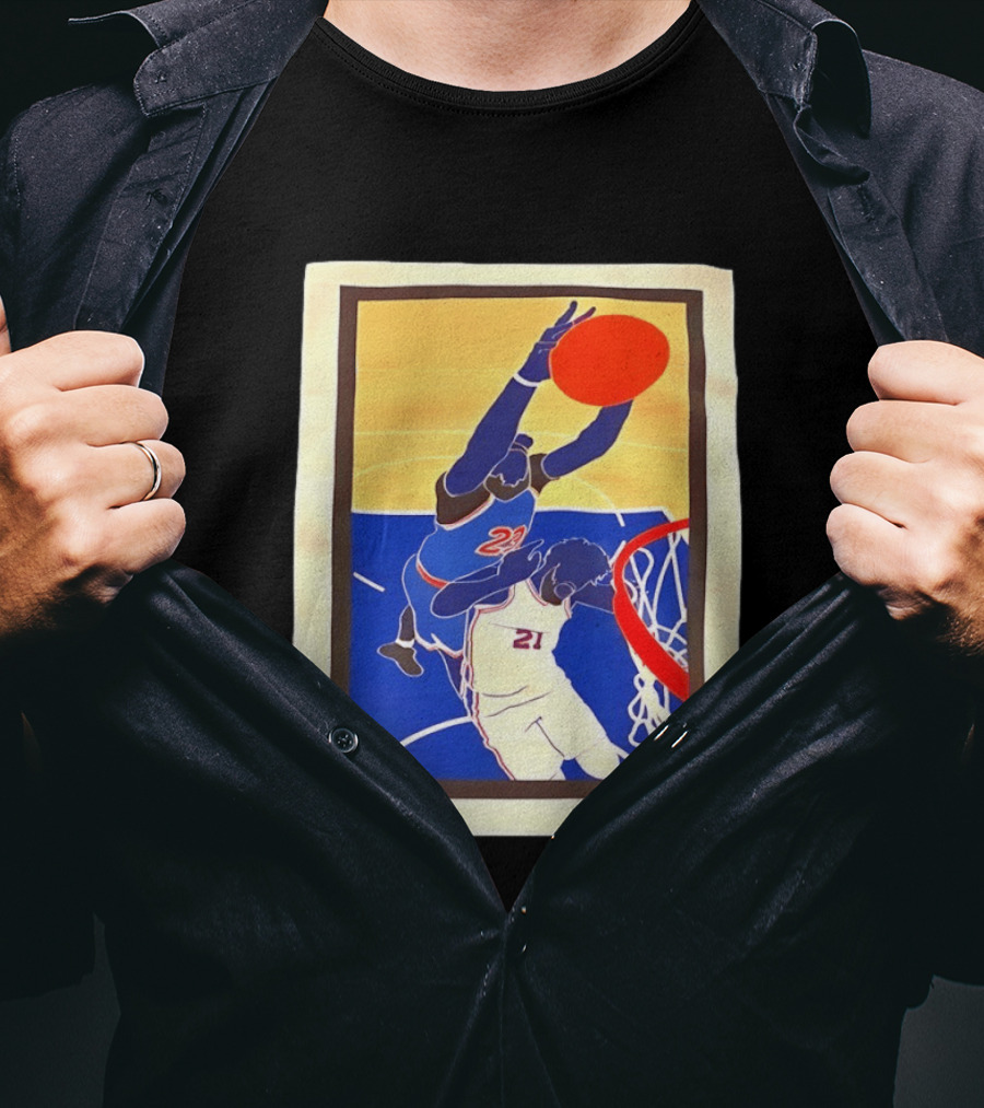 Mitchell Robinson 23 Dunking Joel Embiid 21 New York Knicks Basketball NBA 2026 T-Shirt