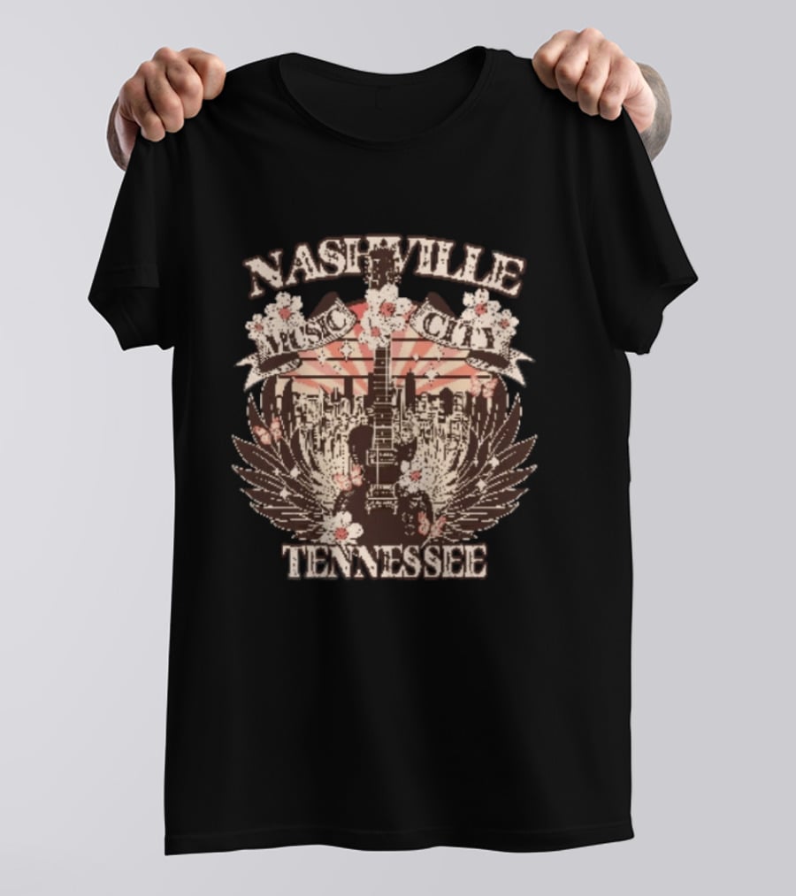 Nashville Music City Tennessee Vintage Guitar Flowers Skyline T-Shirt