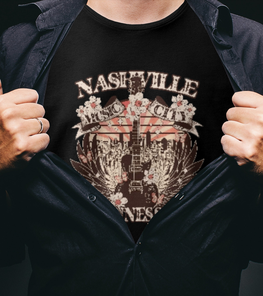Nashville Music City Tennessee Vintage Guitar Flowers Skyline T-Shirt