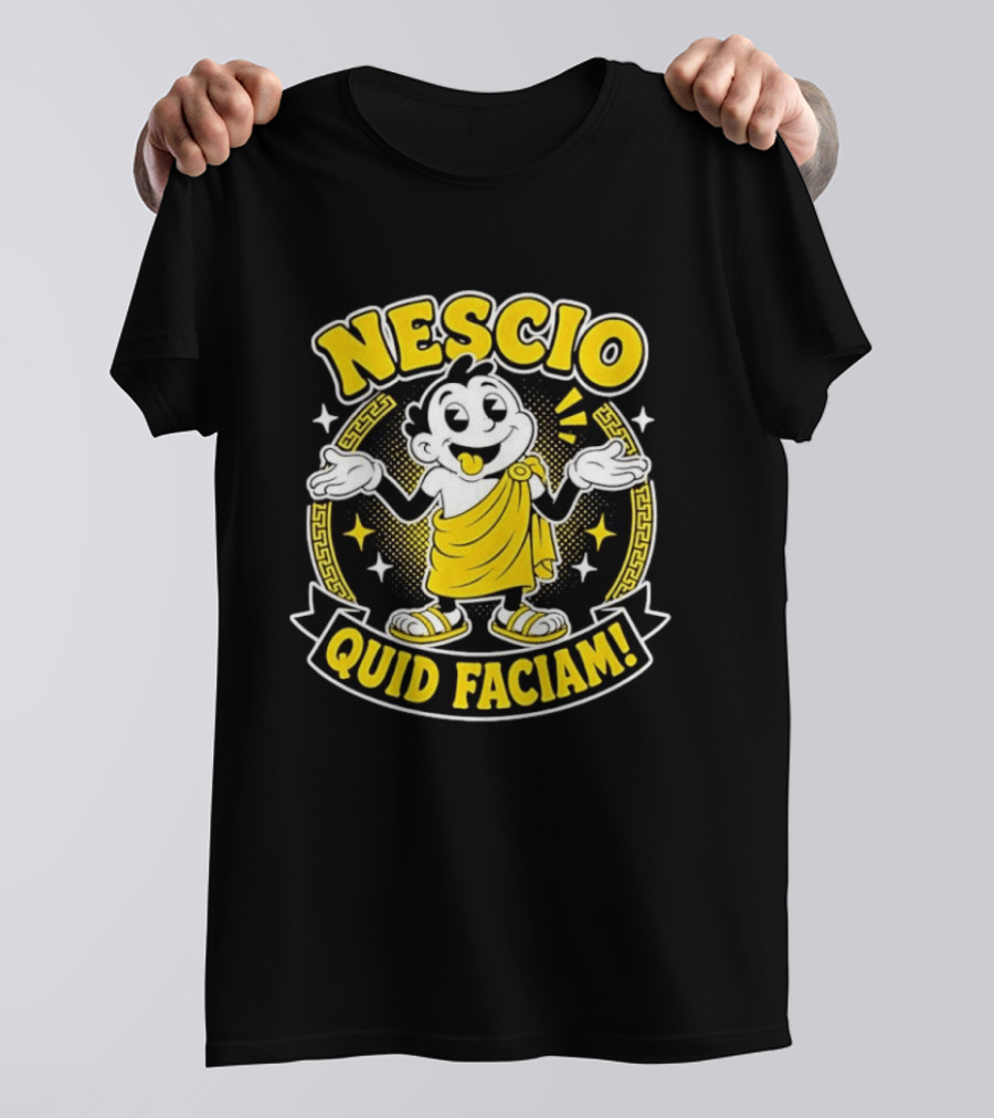 Nescio Quid Faciam Cartoon Ancient Roman Character Greek Key Border T-Shirt