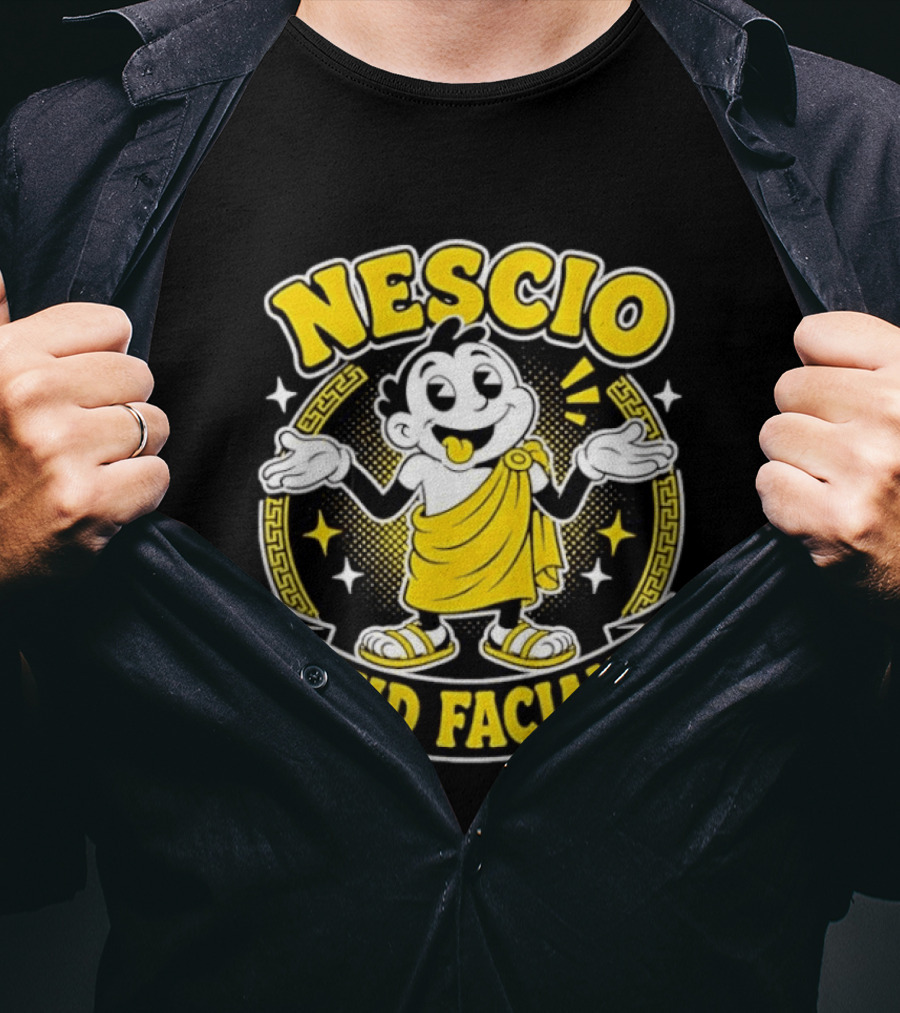 Nescio Quid Faciam Cartoon Ancient Roman Character Greek Key Border T-Shirt