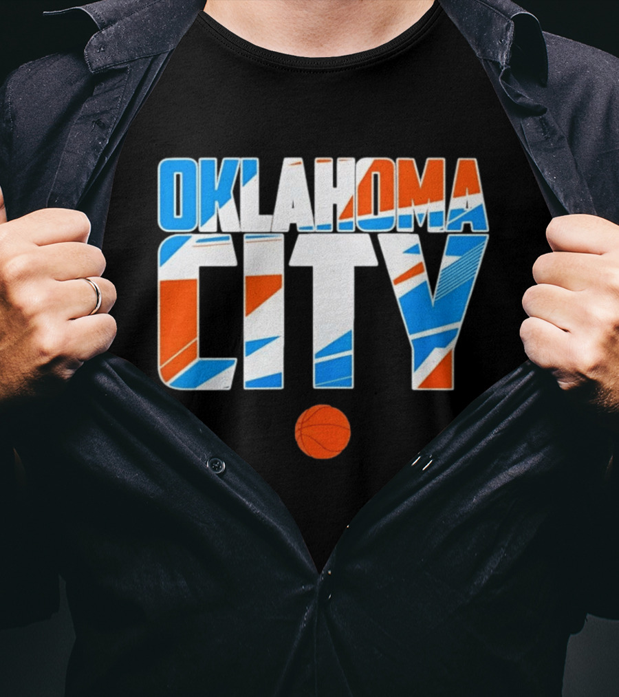 Oklahoma City Basketball Pride Colorful Lettering With Orange Basketball T-Shirt