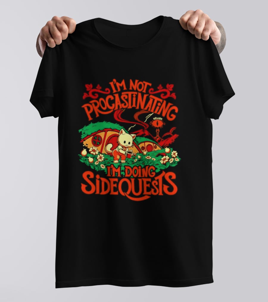 I'm Not Procrastinating I'm Doing Side Quests Cute Cat Adventure Scene T-Shirt