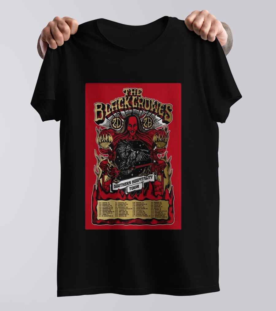 The Black Crowes Southern Hospitality Tour 2026 Red Background Gothic Crow Imagery Vintage Band Tour Dates T-Shirt