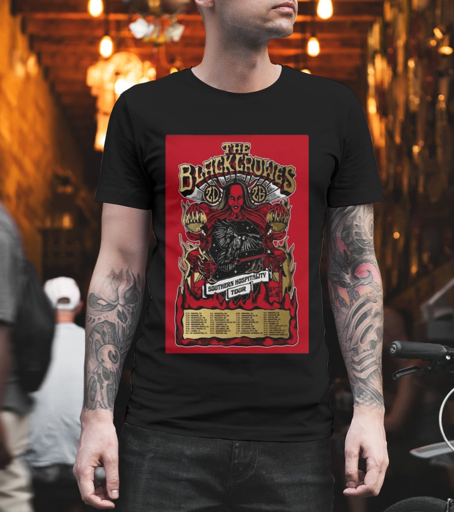 The Black Crowes Southern Hospitality Tour 2026 Red Background Gothic Crow Imagery Vintage Band Tour Dates T-Shirt