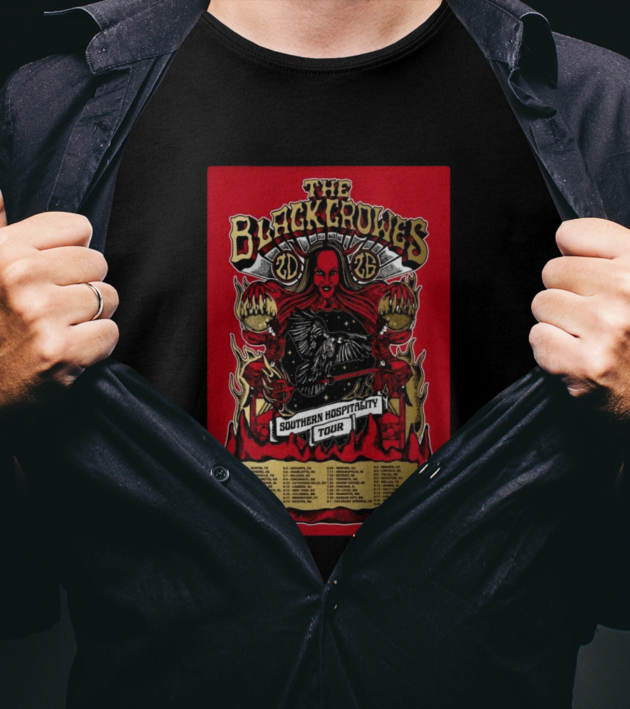The Black Crowes Southern Hospitality Tour 2026 Red Background Gothic Crow Imagery Vintage Band Tour Dates T-Shirt