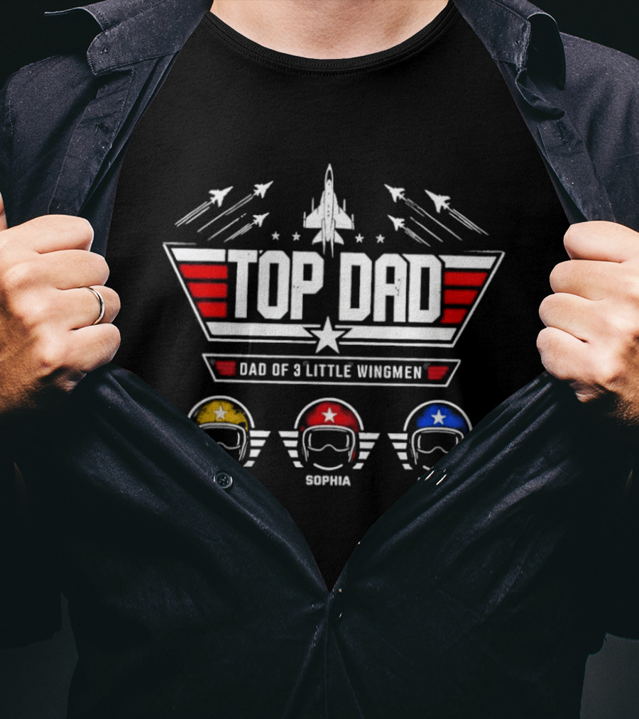 Top Dad Dad Of 3 Little Wingmen Jet Pilot Helmets Noah Sophia Lucas T-Shirt