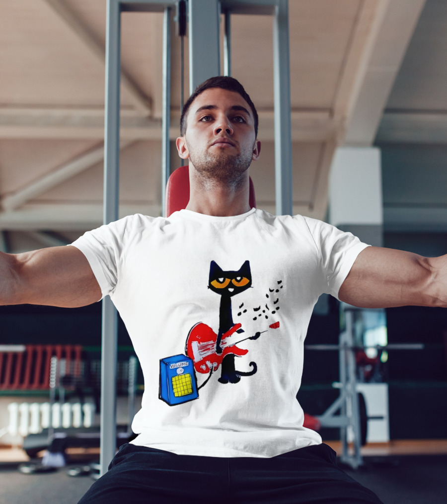 Pete The Cat Playing Red Guitar With Volume Amplifier Music Notes T-Shirt