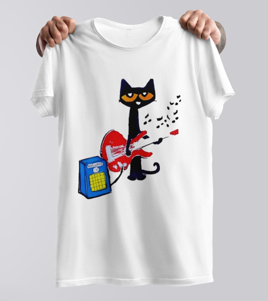 Pete The Cat Playing Red Guitar With Volume Amplifier Music Notes T-Shirt