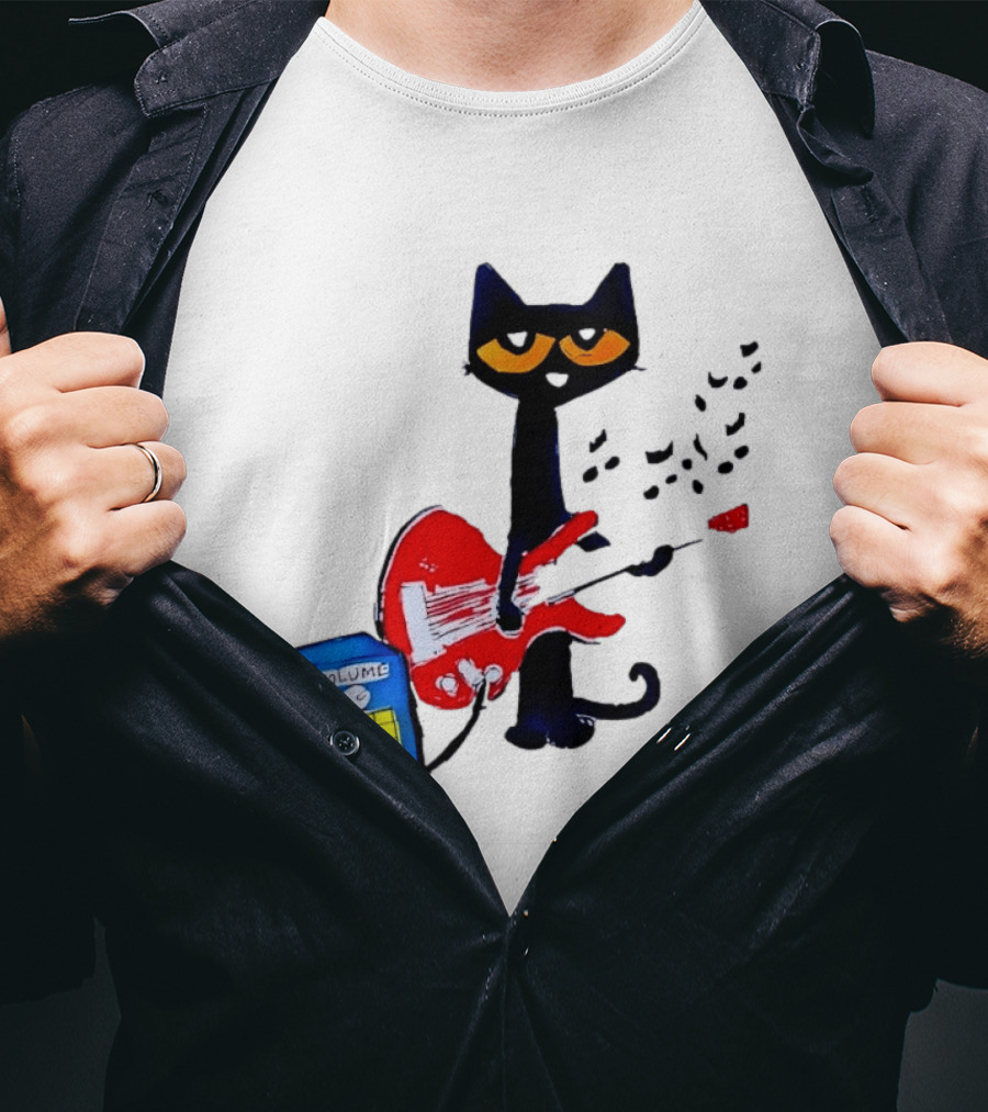 Pete The Cat Playing Red Guitar With Volume Amplifier Music Notes T-Shirt