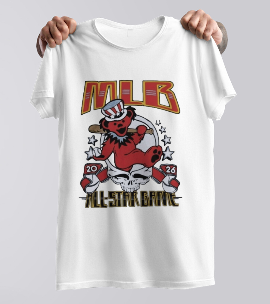 MLB 2026 All Star Game Grateful Dead Bear With Bat Patriotic Hat T-Shirt