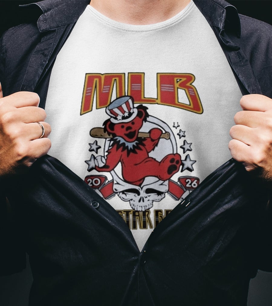 MLB 2026 All Star Game Grateful Dead Bear With Bat Patriotic Hat T-Shirt