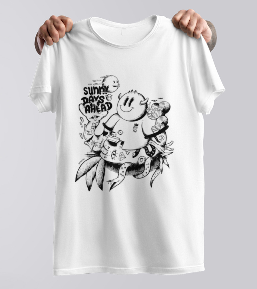 Sunny Days Ahead Monster Doodle Happy Cartoon Character With Flowers T-Shirt