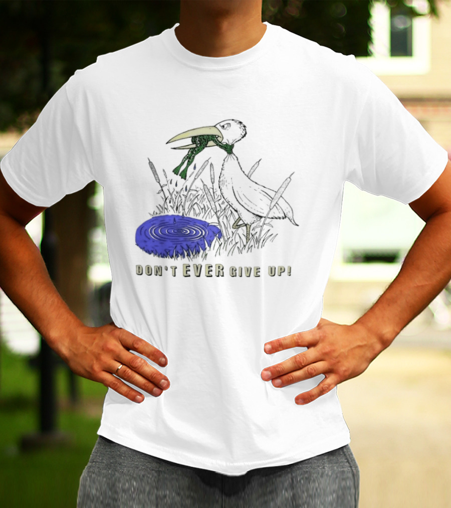 Frog Vs Bird Struggle Never Give Up Inspiring Cartoon Scene T-Shirt