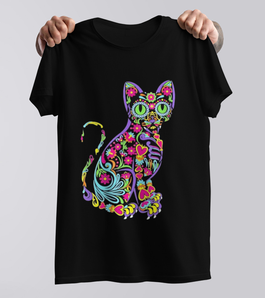 Sugar Skull Cat With Vibrant Floral T-Shirt