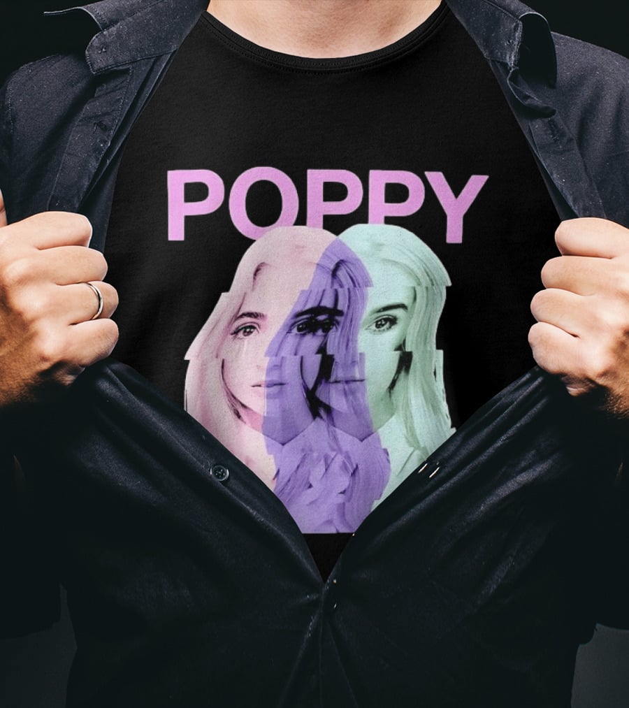 Poppy Digital Muse Glitch Faces Tricolor T-Shirt