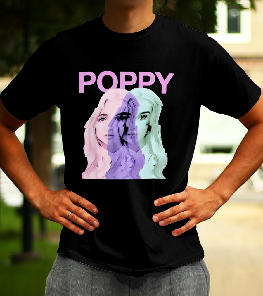 Poppy Digital Muse Glitch Faces Tricolor T-Shirt