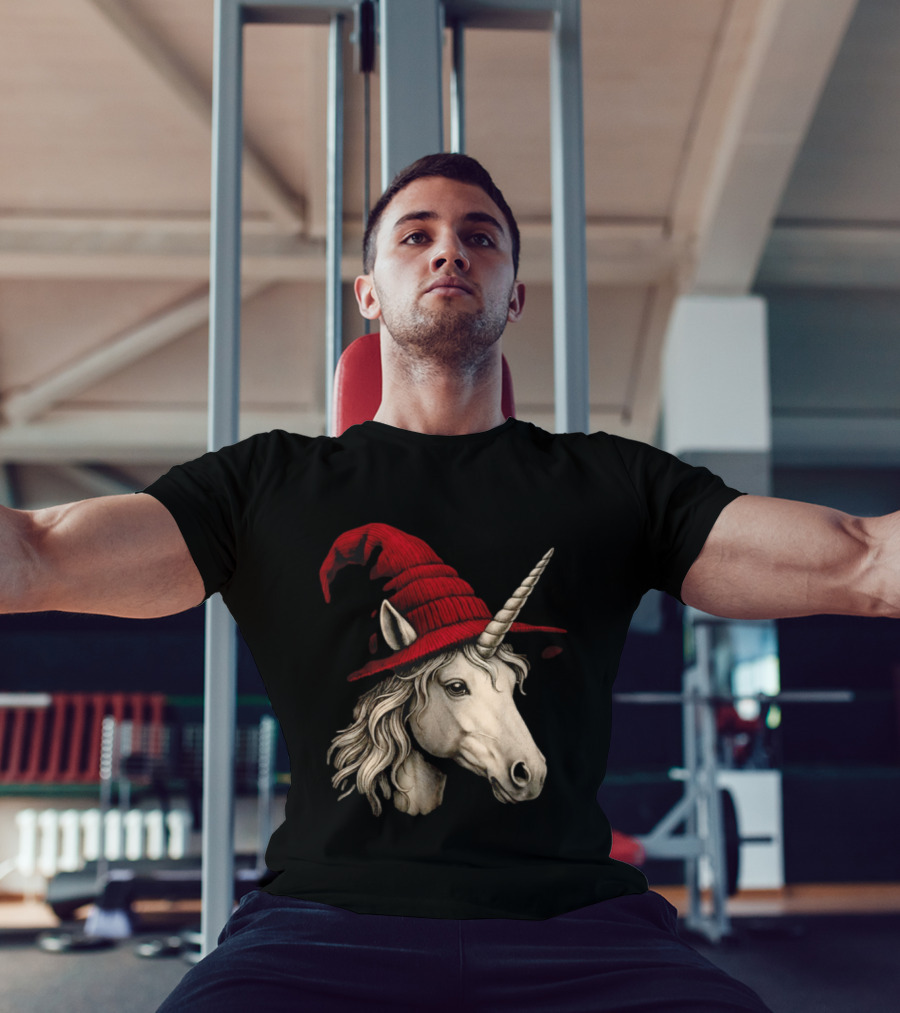 Unicorn With Red Wizard Witch Hat Beanie T-Shirt
