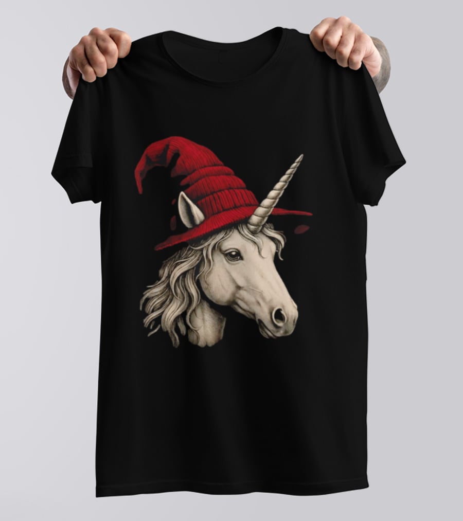 Unicorn With Red Wizard Witch Hat Beanie T-Shirt