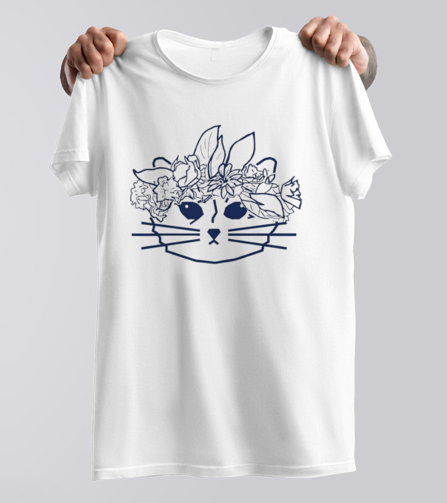 Floral Crown Cat Lover Line Art Whiskers Flowers Leaves T-Shirt