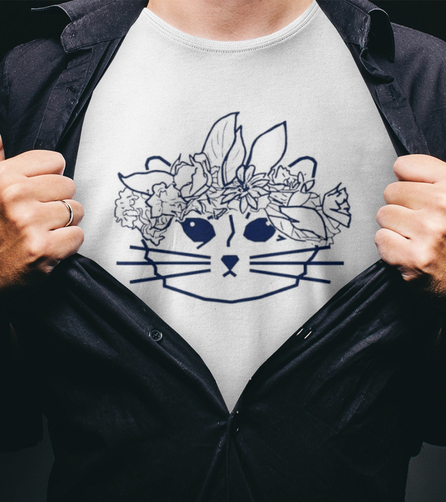 Floral Crown Cat Lover Line Art Whiskers Flowers Leaves T-Shirt