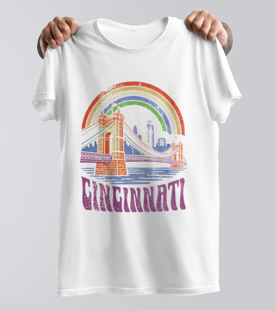 Cincinnati Roebling Bridge Rainbow Skyline Proud Of Our City T-Shirt