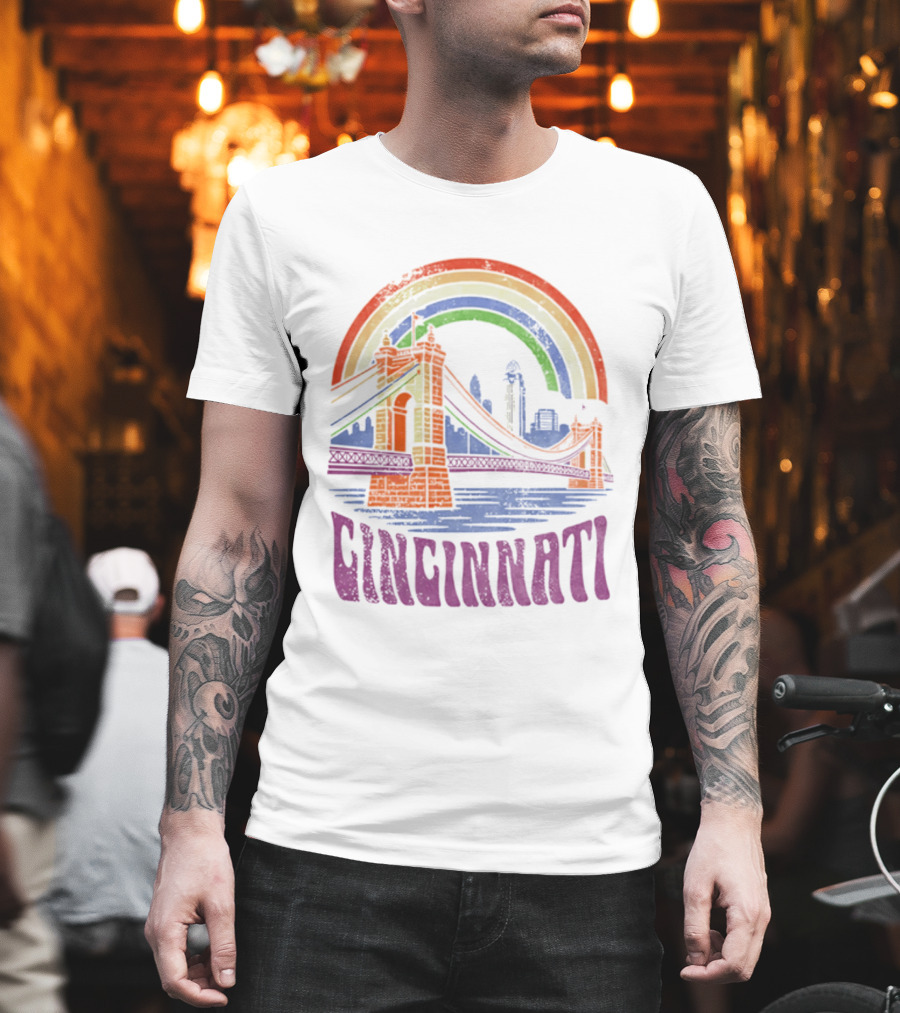 Cincinnati Roebling Bridge Rainbow Skyline Proud Of Our City T-Shirt