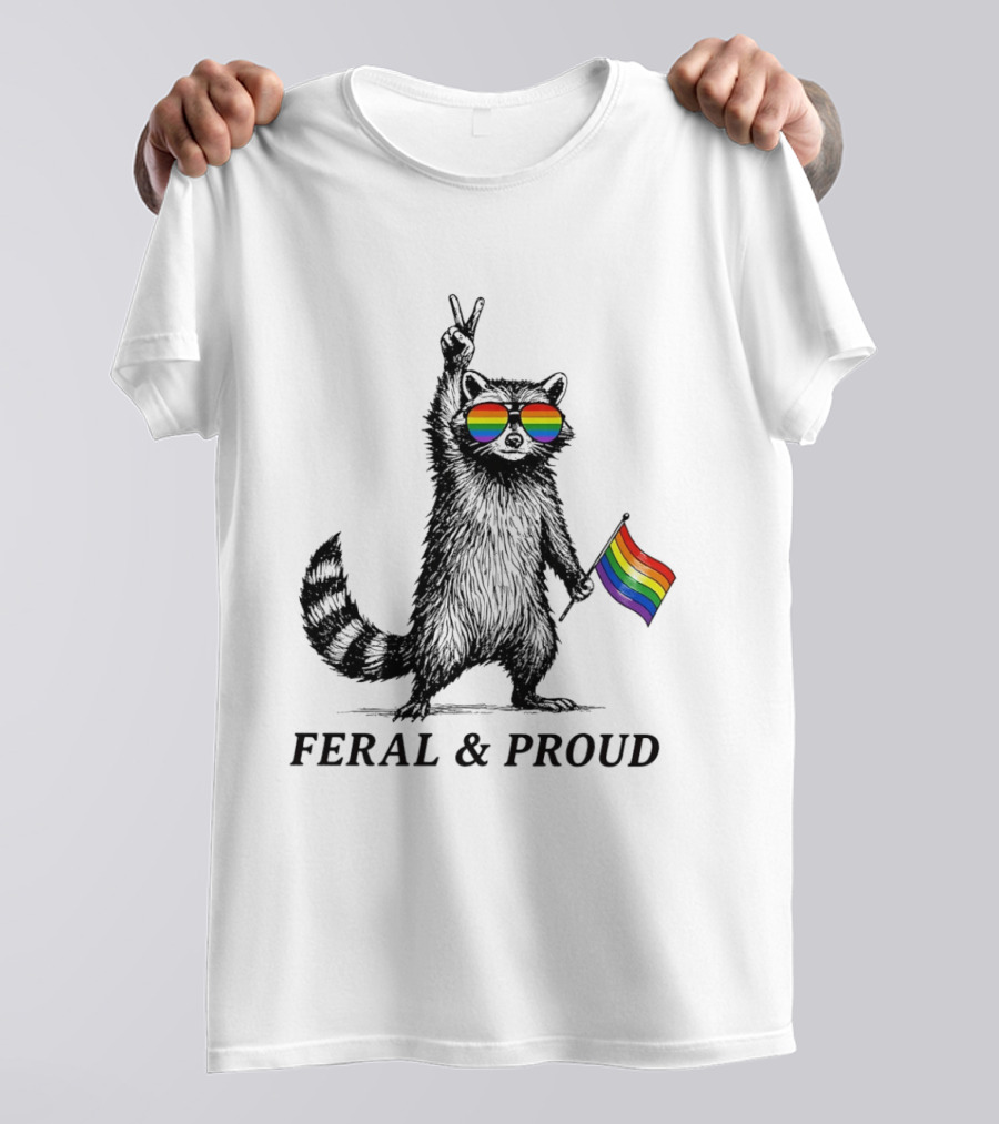 Feral And Proud Raccoon Peace Sign Rainbow Sunglasses Flag T-Shirt
