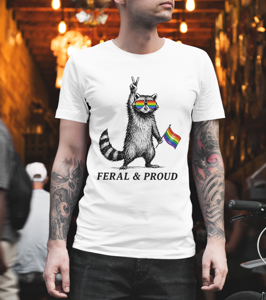Feral And Proud Raccoon Peace Sign Rainbow Sunglasses Flag T-Shirt