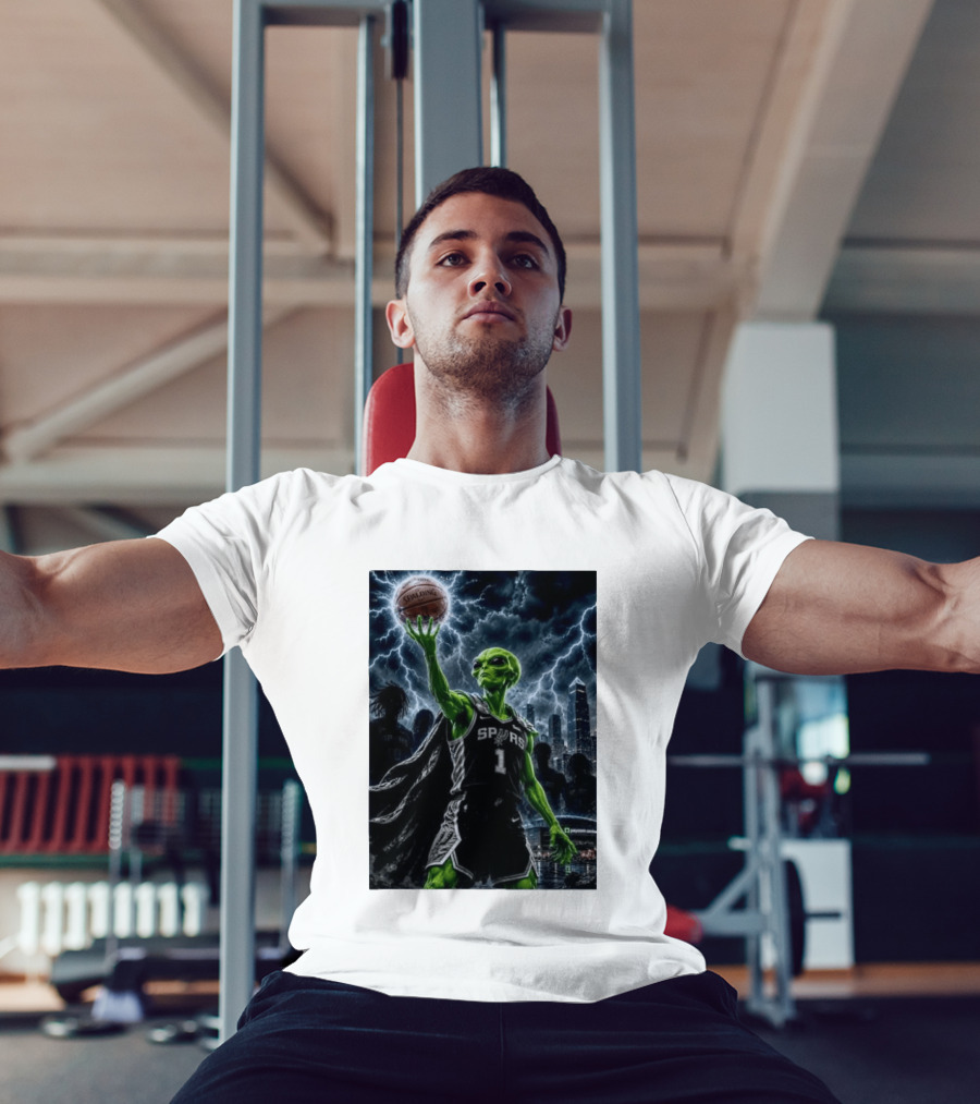 NBA Spurs Alien Spalding Basketball Hovering In Stormy City Skyline T-Shirt