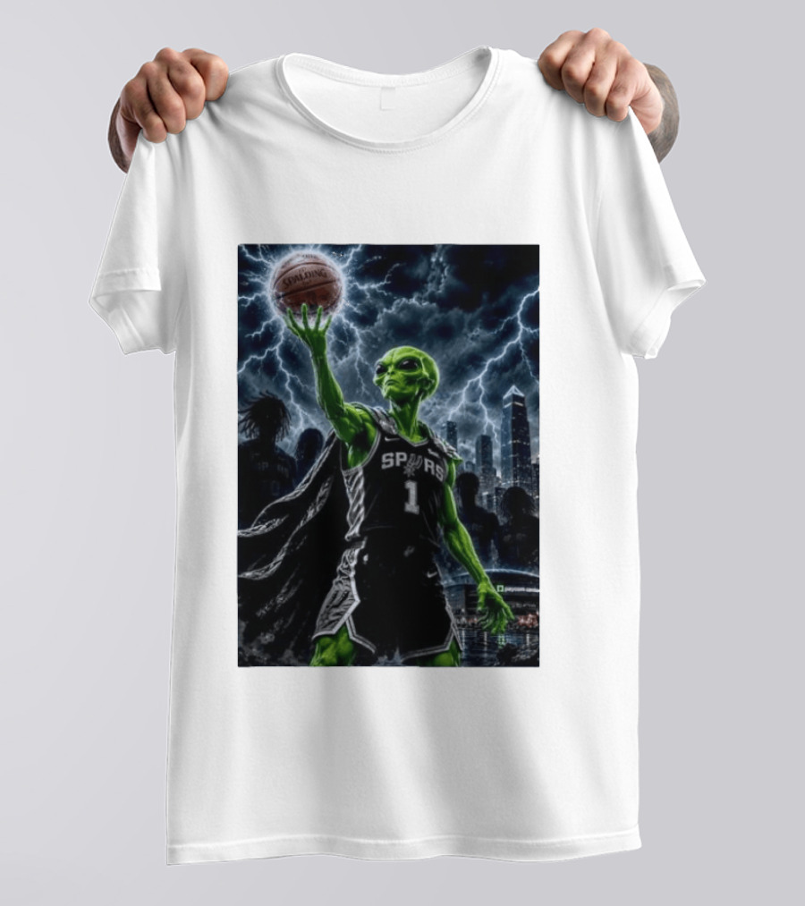 NBA Spurs Alien Spalding Basketball Hovering In Stormy City Skyline T-Shirt