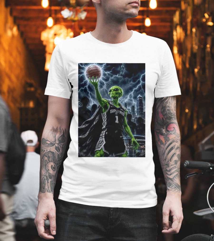 NBA Spurs Alien Spalding Basketball Hovering In Stormy City Skyline T-Shirt