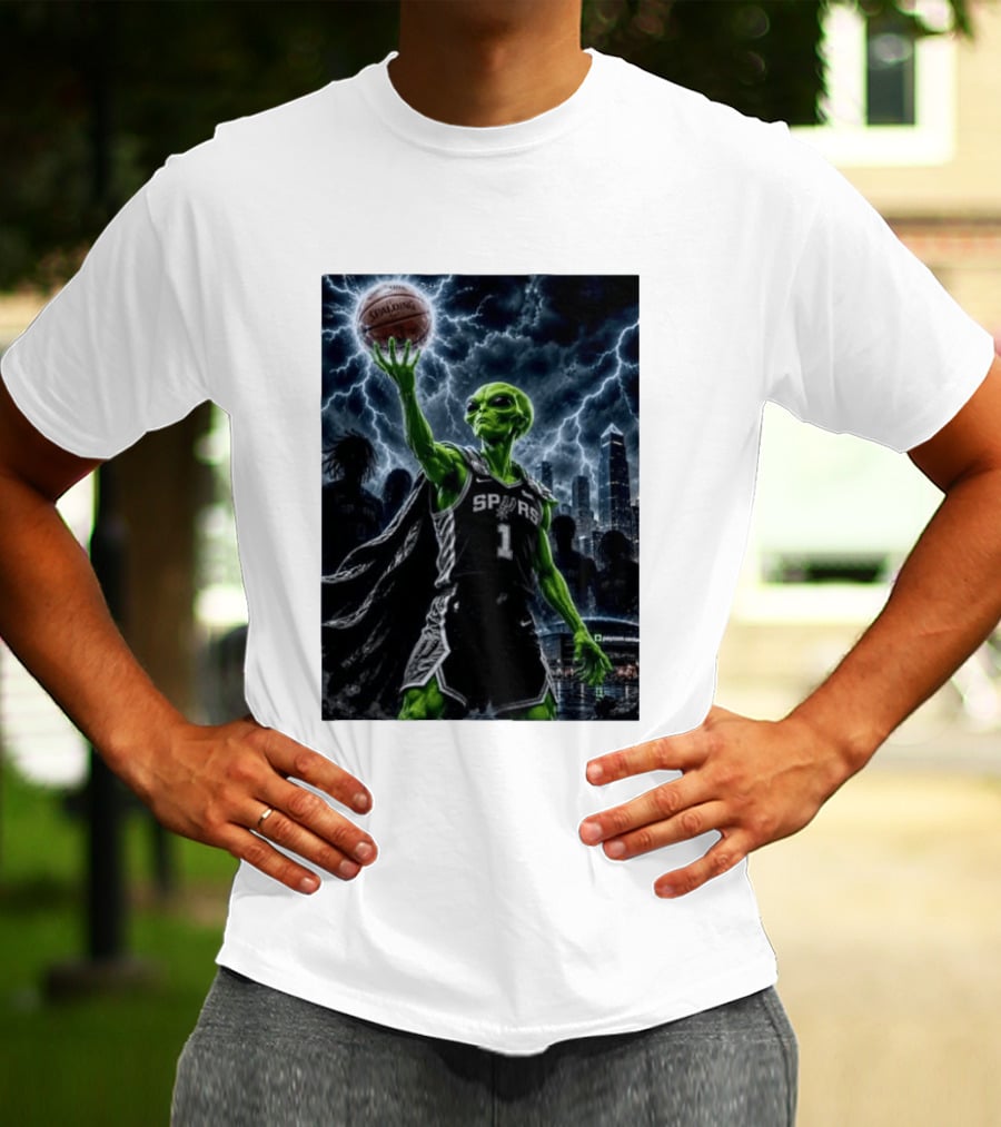 NBA Spurs Alien Spalding Basketball Hovering In Stormy City Skyline T-Shirt