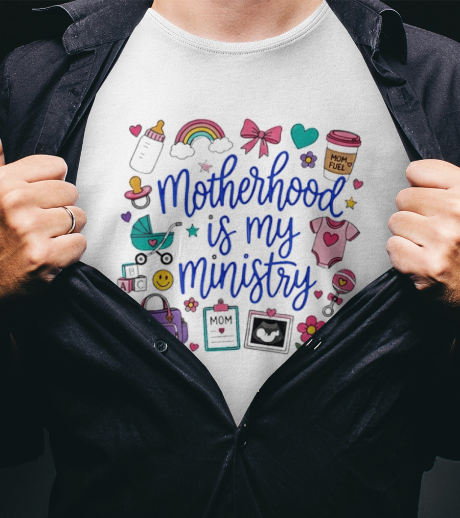 Motherhood Is My Ministry Rainbow Baby Shower Mom Fuel Icons And Baby Essentials T-Shirt