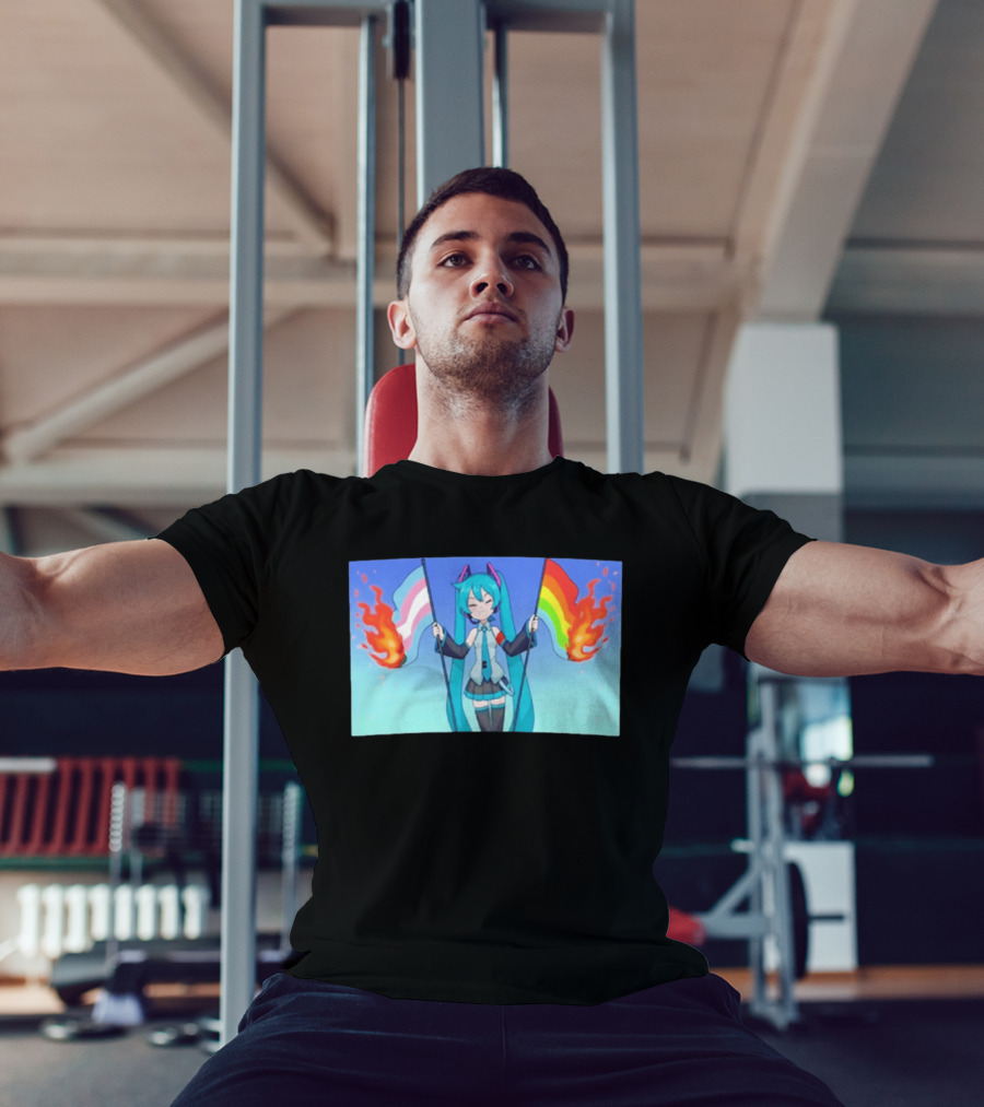 Anime Vocaloid Miku Holding Burning Transgender And Rainbow Flags Controversial Pride Month 2026 T-Shirt