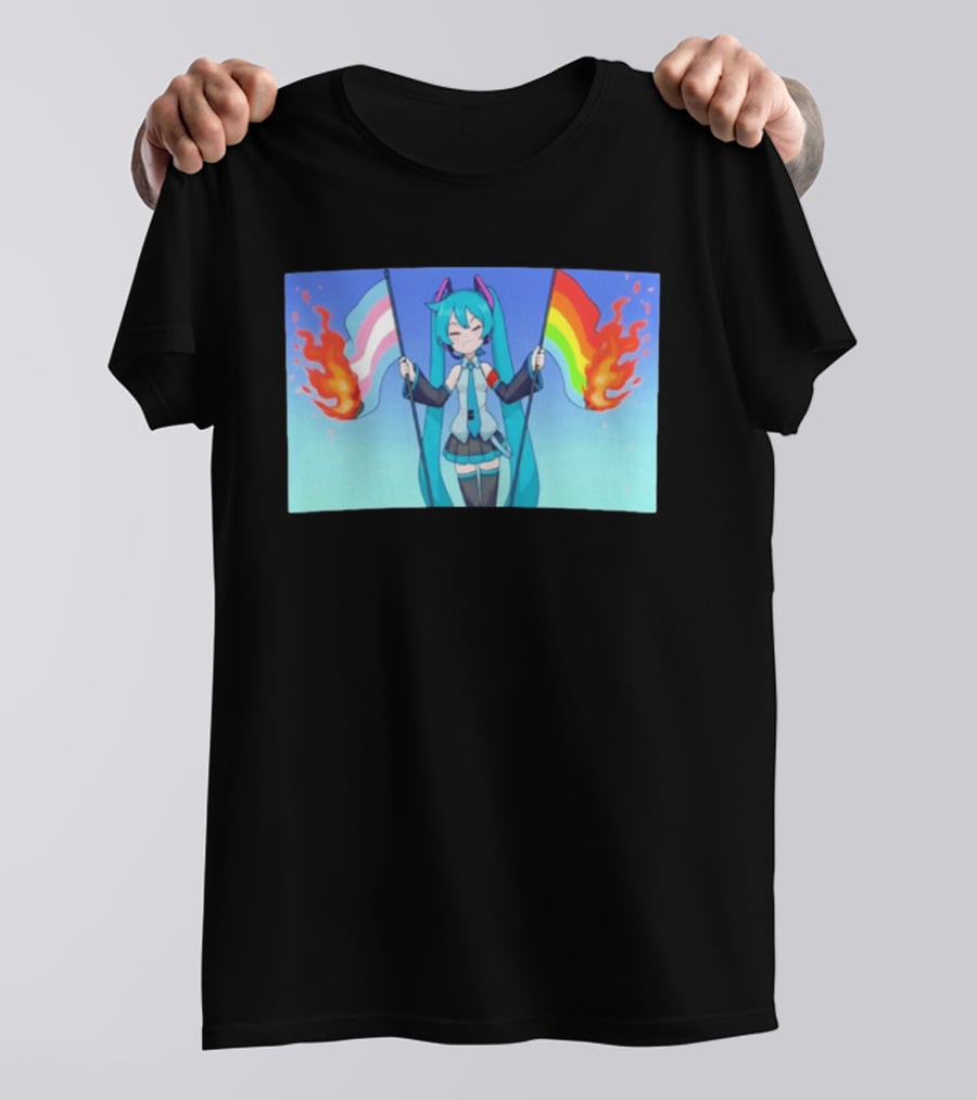 Anime Vocaloid Miku Holding Burning Transgender And Rainbow Flags Controversial Pride Month 2026 T-Shirt