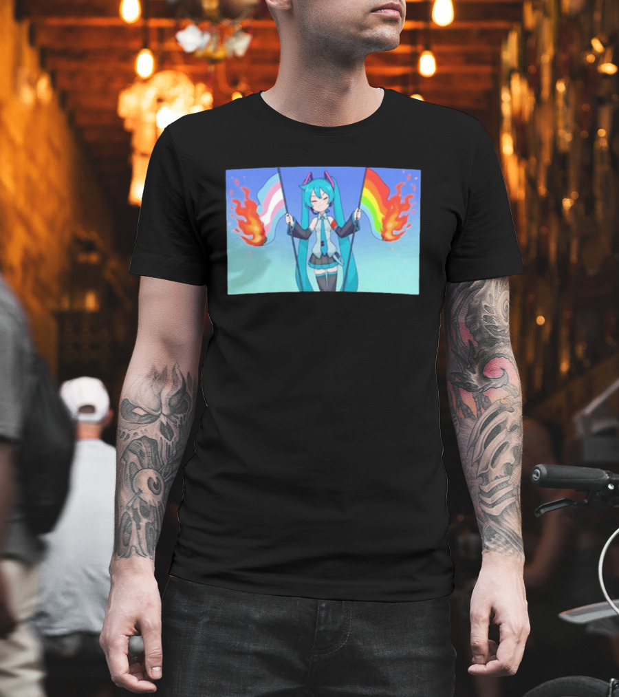 Anime Vocaloid Miku Holding Burning Transgender And Rainbow Flags Controversial Pride Month 2026 T-Shirt