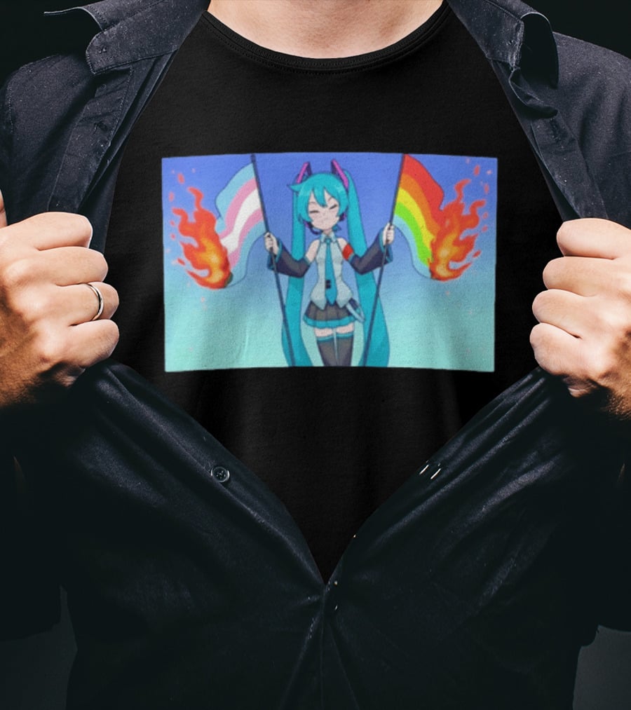 Anime Vocaloid Miku Holding Burning Transgender And Rainbow Flags Controversial Pride Month 2026 T-Shirt