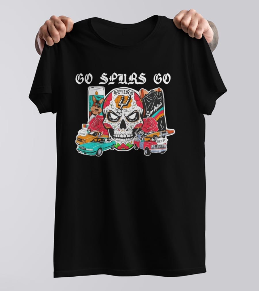 Go Spurs Go SAS Wemby Spurs The Alien Sugar Skull San Antonio Cars Roses T-Shirt